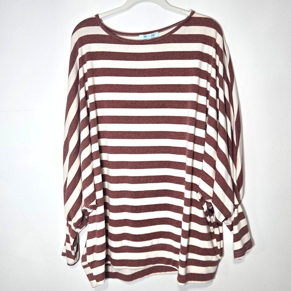She + Sky Striped Dolman Top Womens OS Brown Cream Oversized Boat Neck Knit